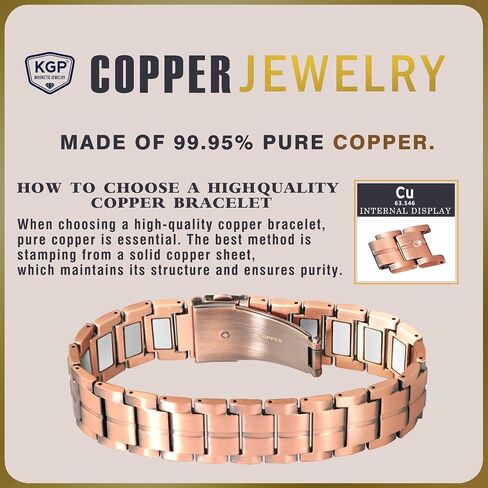 KGP® سوار نحاسي مغناطيسي بقوة 3X للرجال، أساور رجالي من النحاس النقي بنسبة 99.99% لالتهاب المفاصل والمفاصل، سوار مجال مغناطيسي نحاسي قابل للتعديل مع مشبك ممتاز قابل للطي، 9.0 بوصات in Kuwait