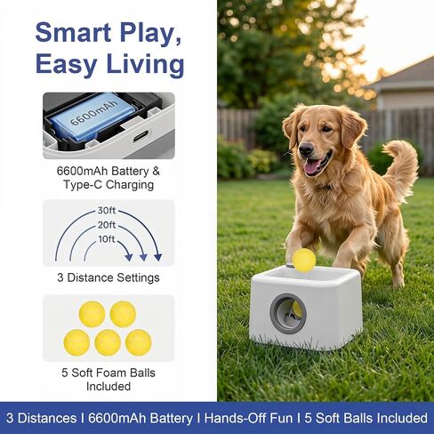 JIANAYANA Automatic Dog Ball Launcher, Auto & Manual Dual Mode Interactive Dog Toy, 4 Adjustable Distances with 5 ETPU Balls, Anti-Card Ball for Indoor Outdoor All Breeds in Saudi Arabia