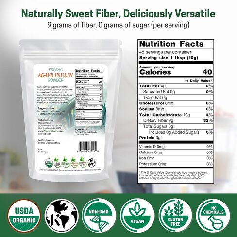 Z Natural Foods Organic Agave Inulin Powder, Natural Fiber Supplement, Prebiotic Superfood Powder for Drinks, Smoothies, and Recipes, Raw, Non-GMO, Vegan, Gluten-Free, Kosher, 1 lb in Saudi Arabia