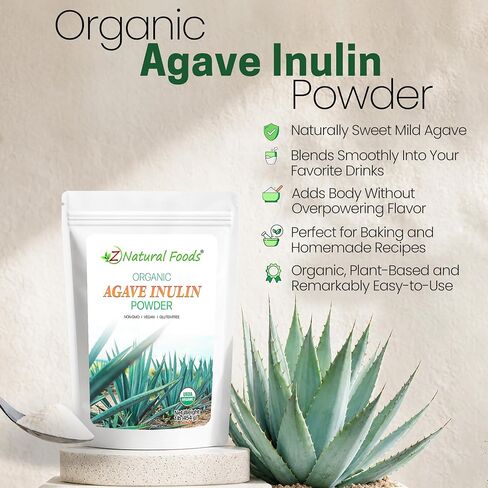 Z Natural Foods Organic Agave Inulin Powder, Natural Fiber Supplement, Prebiotic Superfood Powder for Drinks, Smoothies, and Recipes, Raw, Non-GMO, Vegan, Gluten-Free, Kosher, 1 lb in Saudi Arabia