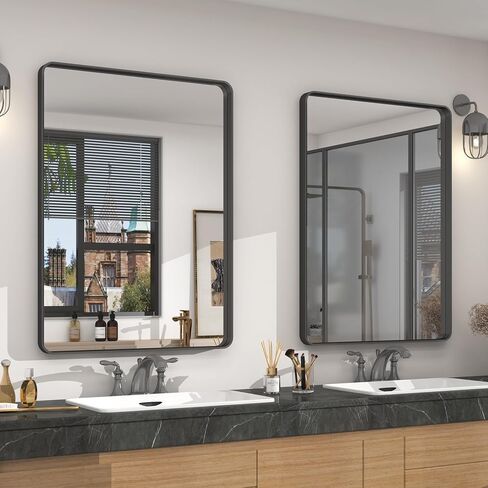 24x30 Gold Bathroom Mirror, Rounded Rectangle Gold Frame Mirror, Brushed Gold Brass Bathroom Vanity Mirror Wall-Mounted, Anti-Rust, Hangs Horizontally or Vertically in Saudi Arabia