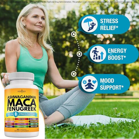 NEW AGE Ashwagandha 5000mg Maca Root 5000mg Fenugreek 3000mg Supplement with Tongkat Ali Ginseng - Assists with Overal Mood & Thyroid Health - Made in USA - 120 Count in Kuwait