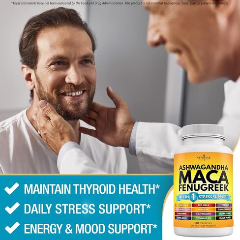 NEW AGE Ashwagandha 5000mg Maca Root 5000mg Fenugreek 3000mg Supplement with Tongkat Ali Ginseng - Assists with Overal Mood & Thyroid Health - Made in USA - 120 Count in Kuwait