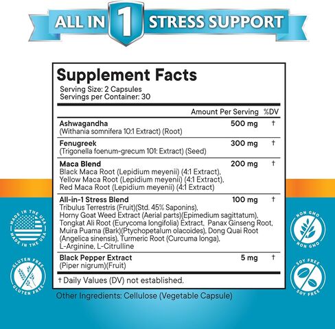 NEW AGE Ashwagandha 5000mg Maca Root 5000mg Fenugreek 3000mg Supplement with Tongkat Ali Ginseng - Assists with Overal Mood & Thyroid Health - Made in USA - 120 Count in Kuwait
