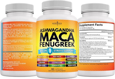 NEW AGE Ashwagandha 5000mg Maca Root 5000mg Fenugreek 3000mg Supplement with Tongkat Ali Ginseng - Assists with Overal Mood & Thyroid Health - Made in USA - 120 Count in Kuwait