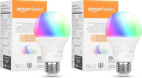 Amazon Basics - Smart A19 LED Light Bulb, 2.4 GHz Wi-Fi, 7.5W (Equivalent to 60W) 800LM, Works with Alexa Only, 1-Pack, Certified for Humans, Multicolor in Saudi Arabia