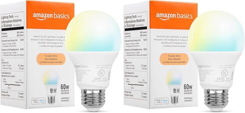 Amazon Basics - مصباح إضاءة LED ذكي A19، واي فاي 2.4 جيجا هرتز، 7.5 واط (ما يعادل 60 واط) 800LM، يعمل مع Alexa فقط، حزمة واحدة، معتمد للبشر، متعدد الألوان in Kuwait