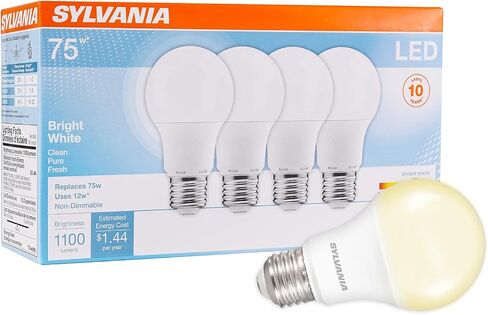 لمبة إضاءة LED من سيلفانيا، ما يعادل 60 وات A19، كفاءة 8.5 وات، قاعدة متوسطة، لمسة نهائية بلوري، 800 لومن، أبيض ساطع - 4 عبوات (79704) in Kuwait