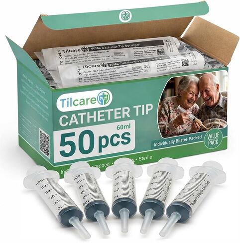 60ml Catheter Tip Syringe with Covers 50 Pack by Tilcare - Sterile Plastic Medicine Food Droppers for Children, Pets or Adults – Latex-Free Oral Medication Dispenser - Large Feeding Tube Syringes in Saudi Arabia
