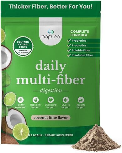 nbpure Daily Fiber Powder Blend for Digestive Health, Cholesterol Support, Healthy Weight Management - with Prebiotic, Insoluble, Soluble Fiber + 4 Probiotic Strains for Women, Men, Kids, Coconut Lime in Kuwait