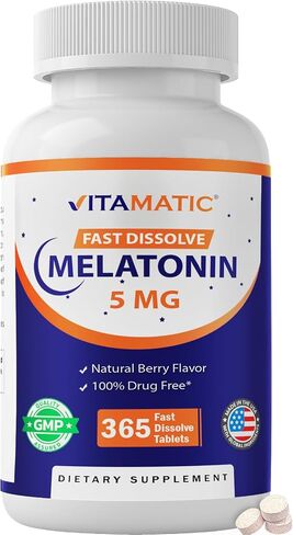 Vitamatic Melatonin 5mg Tablets | Vegetarian, Non-GMO, Gluten Free | 1 Year Supply | Natural Berry Flavor - 365 Tablets in Saudi Arabia