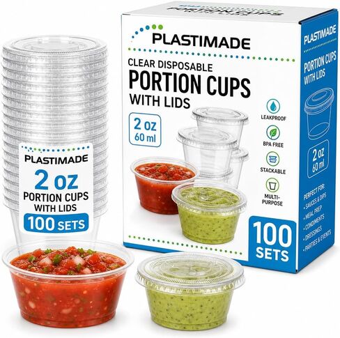 Clear Disposable Plastic 1 Oz Portion Cups (100 Sets) - Condiment, Sauce, Dressing, Jello Shot Cups With Lids in Kuwait