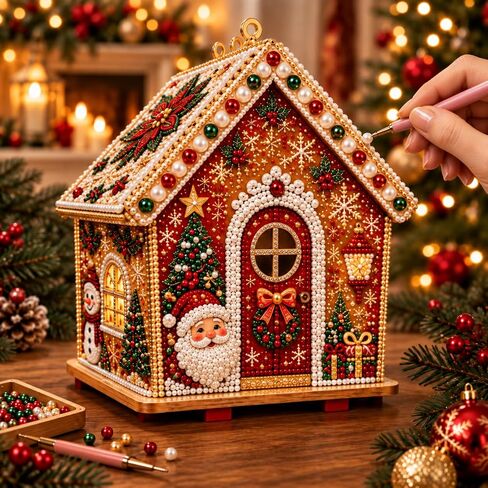 TIGERPOPPY 3D Christmas Wooden House Diamond Art KitHouse DIY Kit, 4-Sided Pearl Art Ornament Pearl Bead Art House for Hands-on Decorating, Assembly, Tabletop Display, or Hanging Holiday Decor in Kuwait