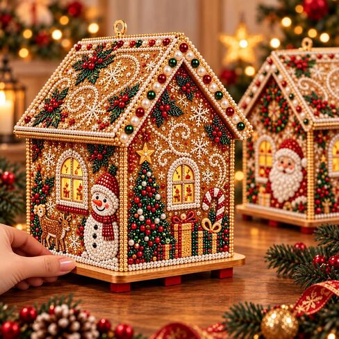 TIGERPOPPY 3D Christmas Wooden House Diamond Art KitHouse DIY Kit, 4-Sided Pearl Art Ornament Pearl Bead Art House for Hands-on Decorating, Assembly, Tabletop Display, or Hanging Holiday Decor in Kuwait