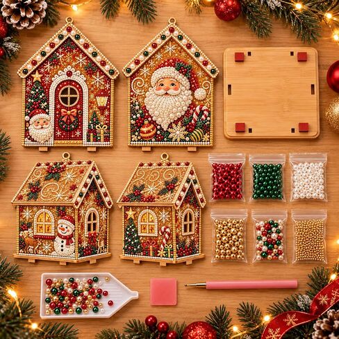 TIGERPOPPY 3D Christmas Wooden House Diamond Art KitHouse DIY Kit, 4-Sided Pearl Art Ornament Pearl Bead Art House for Hands-on Decorating, Assembly, Tabletop Display, or Hanging Holiday Decor in Kuwait
