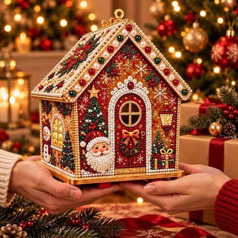 TIGERPOPPY 3D Christmas Wooden House Diamond Art KitHouse DIY Kit, 4-Sided Pearl Art Ornament Pearl Bead Art House for Hands-on Decorating, Assembly, Tabletop Display, or Hanging Holiday Decor in Kuwait