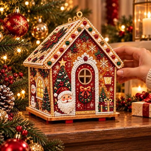 TIGERPOPPY 3D Christmas Wooden House Diamond Art KitHouse DIY Kit, 4-Sided Pearl Art Ornament Pearl Bead Art House for Hands-on Decorating, Assembly, Tabletop Display, or Hanging Holiday Decor in Kuwait