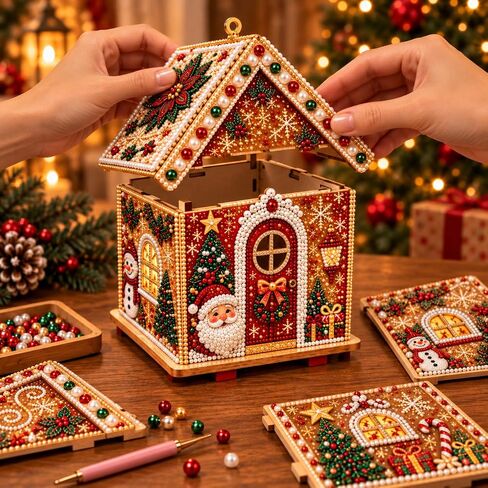 TIGERPOPPY 3D Christmas Wooden House Diamond Art KitHouse DIY Kit, 4-Sided Pearl Art Ornament Pearl Bead Art House for Hands-on Decorating, Assembly, Tabletop Display, or Hanging Holiday Decor in Kuwait