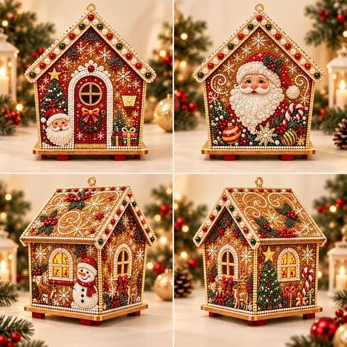 TIGERPOPPY 3D Christmas Wooden House Diamond Art KitHouse DIY Kit, 4-Sided Pearl Art Ornament Pearl Bead Art House for Hands-on Decorating, Assembly, Tabletop Display, or Hanging Holiday Decor in Kuwait