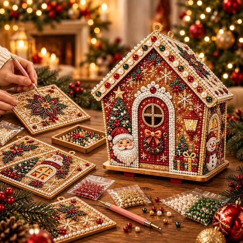 TIGERPOPPY 3D Christmas Wooden House Diamond Art KitHouse DIY Kit, 4-Sided Pearl Art Ornament Pearl Bead Art House for Hands-on Decorating, Assembly, Tabletop Display, or Hanging Holiday Decor in Kuwait