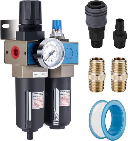 NANPU 1/4" NPT منظم فلتر الهواء المضغوط (FRL)، عنصر نحاسي 5 ميكرون، مقياس 0-150 رطل لكل بوصة مربعة، تصريف يدوي، دعامة معدنية in Kuwait