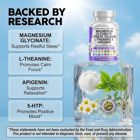 Magnesium Glycinate Complex 1000mg with L-Theanine 200mg Apigenin 50mg Citrate Taurate Supplement - 5-HTP GABA Passion Flower Lemon Balm L-Glycine Phosphatidylserine Ashwagandha - USA Made Clean Nutra in Kuwait