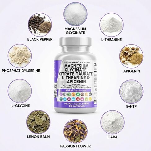 Magnesium Glycinate Complex 1000mg with L-Theanine 200mg Apigenin 50mg Citrate Taurate Supplement - 5-HTP GABA Passion Flower Lemon Balm L-Glycine Phosphatidylserine Ashwagandha - USA Made Clean Nutra in Kuwait