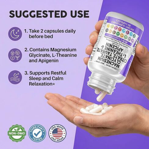 Magnesium Glycinate Complex 1000mg with L-Theanine 200mg Apigenin 50mg Citrate Taurate Supplement - 5-HTP GABA Passion Flower Lemon Balm L-Glycine Phosphatidylserine Ashwagandha - USA Made Clean Nutra in Kuwait
