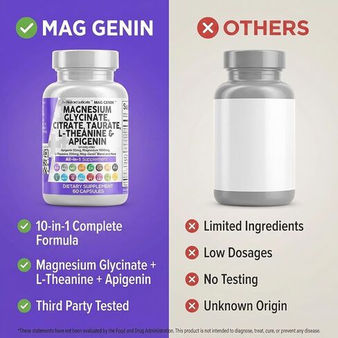 Magnesium Glycinate Complex 1000mg with L-Theanine 200mg Apigenin 50mg Citrate Taurate Supplement - 5-HTP GABA Passion Flower Lemon Balm L-Glycine Phosphatidylserine Ashwagandha - USA Made Clean Nutra in Kuwait