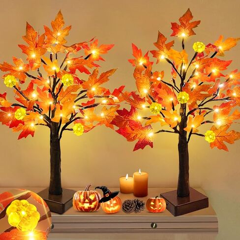TURNMEON [ 2 Pack & Timer 24 Inch Lighted Maple Tree Fall Decor, Total 48 LED Battery Operated Tabletop Artificial Tree Design Patent Pumpkin & Acorn Thanksgiving Halloween Decoration Home Indoor in Kuwait