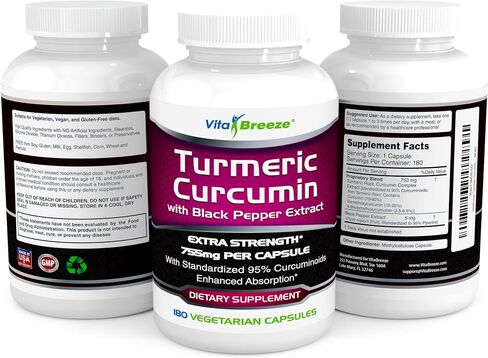 Turmeric Curcumin Complex with Black Pepper Extract - 755mg per Capsule, 180 Veg. Caps - Contains Piperine (for Superior Absorption and Tumeric Bio-Availability) and 95% Standardized Curcuminoids in Kuwait