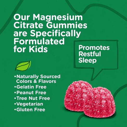 Kids Magnesium Citrate Gummies - Supports Sleep Aid, Calm Gummies, Muscle Relaxer, Optimal Relaxation - Vegetarian, Gelatin Free, Gluten Free, GMO Free - Tasty Chewable Raspberry Flavored Gummy in Kuwait