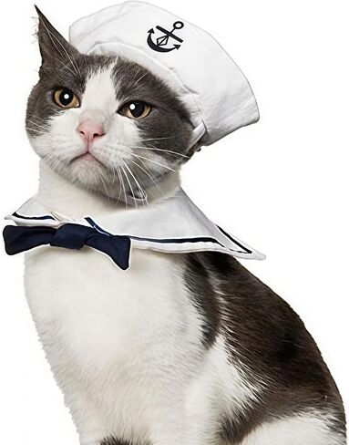 NAMSAN Pet Sailor Costume for Cats Small Dogs Rabbits, Halloween Cat Sailor Hat with Tie Collar, Small Dog Navy Hat Cape, Halloween Cat Sailor Outfit for Holiday Party Cosplay Statue Decoration in Saudi Arabia