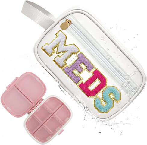 Clear MEDS Letter Patch Bag with Small Pill Case Organizer for Travel Purse Pouch, Cute Medicine Dispenser Mini Medication Box Vitamin Holder Women Teen Girls Preppy Christmas Gift (Pink) in Kuwait