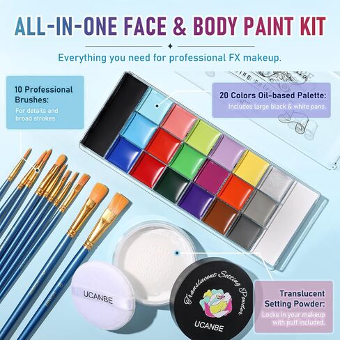 UCANBE 20 Colors Oil-Based Face Body Paint Kit, 10 Brushes & Setting Powder in Saudi Arabia