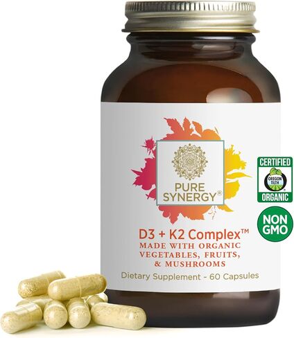 PURE SYNERGY D3 + K2 Complex | 60 Capsules | D3 + K2 Vitamins Made with Organic Ingredients | Non-GMO | Vegan | Made with Organic Vegetables and Fruits in Kuwait