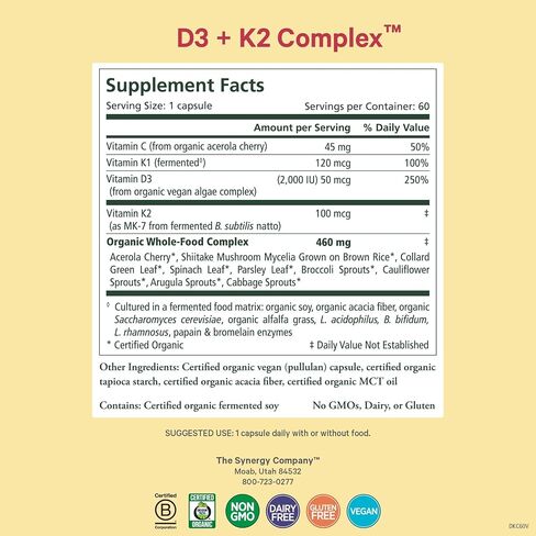 PURE SYNERGY D3 + K2 Complex | 60 Capsules | D3 + K2 Vitamins Made with Organic Ingredients | Non-GMO | Vegan | Made with Organic Vegetables and Fruits in Kuwait