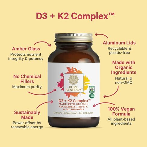 PURE SYNERGY D3 + K2 Complex | 60 Capsules | D3 + K2 Vitamins Made with Organic Ingredients | Non-GMO | Vegan | Made with Organic Vegetables and Fruits in Kuwait
