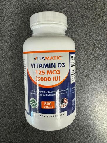 Vitamatic Vitamin D3 5000 IU (125 ميكروجرام) - 500 كبسولة هلامية (معتمدة على زيت الزيتون) - كمية كافية لمدة 500 يوم - لوظيفة العضلات الصحية ودعم المناعة، غير معدلة وراثيًا، خالية من الغلوتين في كبسولات هلامية صغيرة مضغوطة على البارد in Kuwait