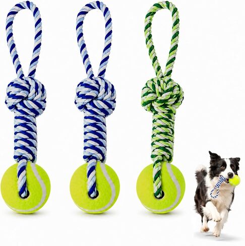 3 Pack Dog Rope Toys, Tug of War Toy with 1 Knot & Tennis Ball in Kuwait