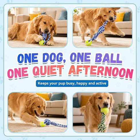 3 Pack Dog Rope Toys, Tug of War Toy with 1 Knot & Tennis Ball in Kuwait