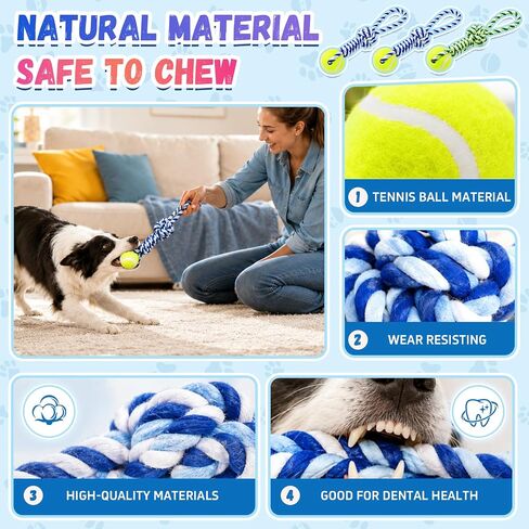 3 Pack Dog Rope Toys, Tug of War Toy with 1 Knot & Tennis Ball in Kuwait