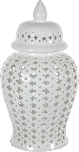 Oriental Furniture 16" Carved Lattice Decorative Temple Jar, White in Saudi Arabia