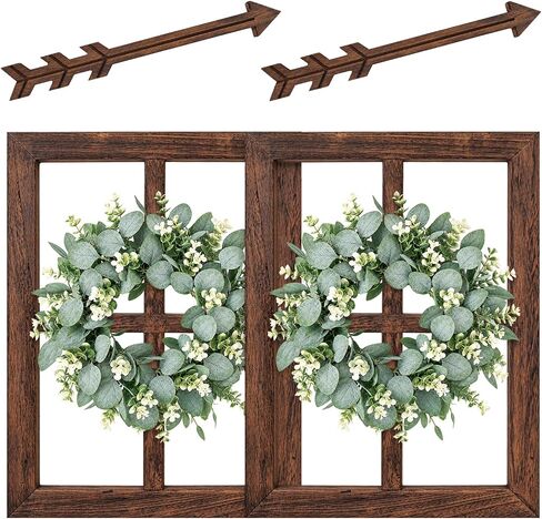 WAKOSAN Rustic Wood Window Frame with Green Wreath and Arrows Wall Decor，Farmhouse Wooden Fake Window Decoration,Window Pane Wall Decor,Set of 2 (Brown) in Kuwait