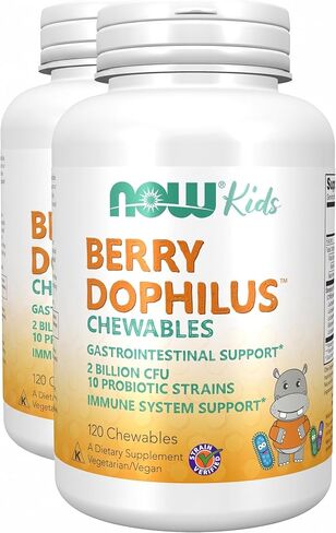 NOW Supplements, BerryDophilus™ with 2 Billion, 10 Probiotic Strains, Xylitol Sweetened, Strain Verified, 60 Chewables, packaging may vary in Kuwait