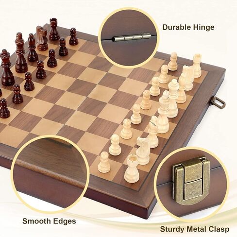 Magnetic Wooden Chess Set for Adults Kids 15'' Chess Board with Handmade Pieces, Folding Portable Travel Unique Chess Sets Game for Tournament Professional Beginner in Kuwait
