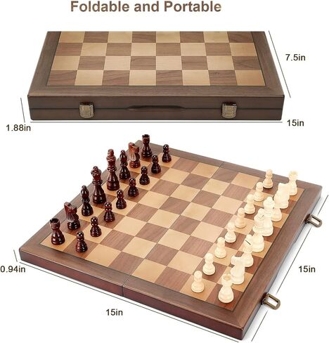Magnetic Wooden Chess Set for Adults Kids 15'' Chess Board with Handmade Pieces, Folding Portable Travel Unique Chess Sets Game for Tournament Professional Beginner in Kuwait