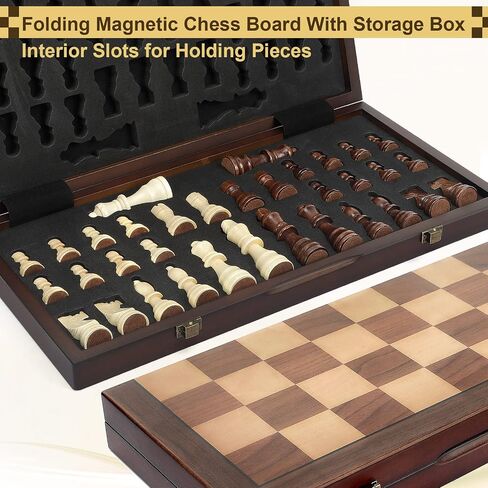 Magnetic Wooden Chess Set for Adults Kids 15'' Chess Board with Handmade Pieces, Folding Portable Travel Unique Chess Sets Game for Tournament Professional Beginner in Kuwait