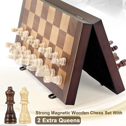 Magnetic Wooden Chess Set for Adults Kids 15'' Chess Board with Handmade Pieces, Folding Portable Travel Unique Chess Sets Game for Tournament Professional Beginner in Kuwait