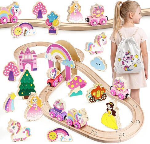 42PCS Unicorn Wooden Train Set Toddler Girl Toys Pink Fantasy Wooden Train Track Playset Compatible Wooden Railway Playset with Unicorn Storage Bag Birthday Gifts for 2 3 4 5 6 Year Old Girls in Saudi Arabia